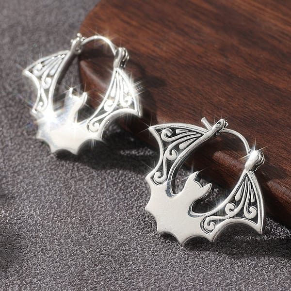 Vintage Gothic Bat Hoop Earrings for Women - Silver Tone Statement Jewelry